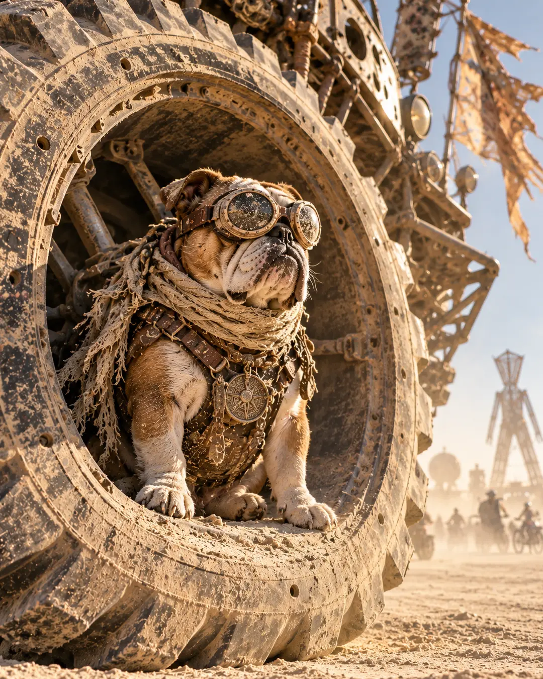 A goggle-wearing Bulldog shelters inside a massive dust-covered art car tire, dressed in rugged desert gear on the Burning Man playa.
