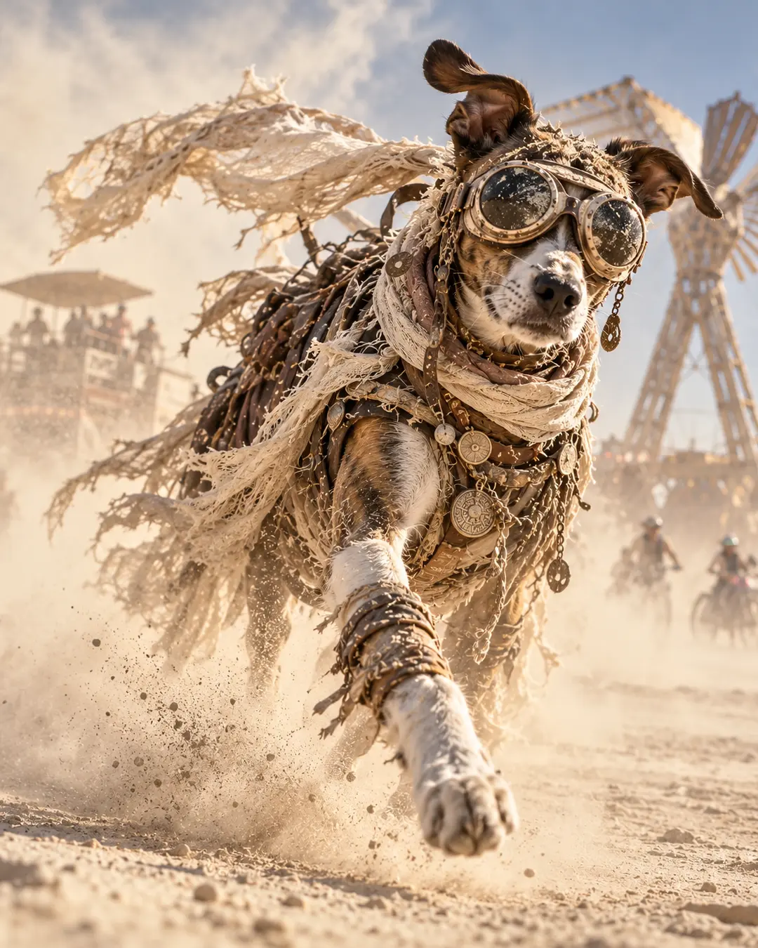 A goggle-wearing dog charges through a swirling dust storm in rugged desert gear as Burning Man structures and cyclists emerge behind him.