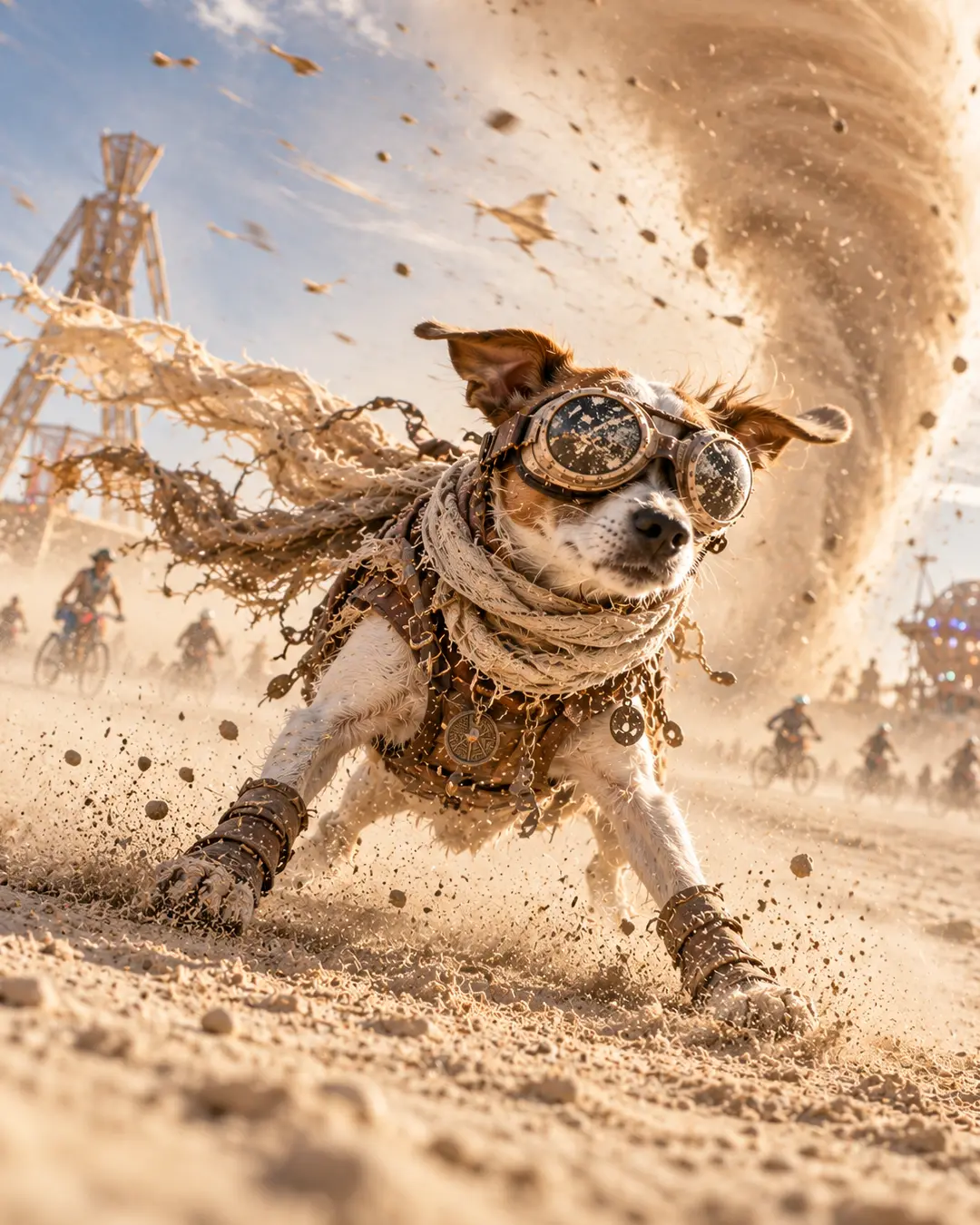 A goggle-wearing dog braces against a violent playa dust devil, surrounded by flying debris and cyclists at Burning Man.