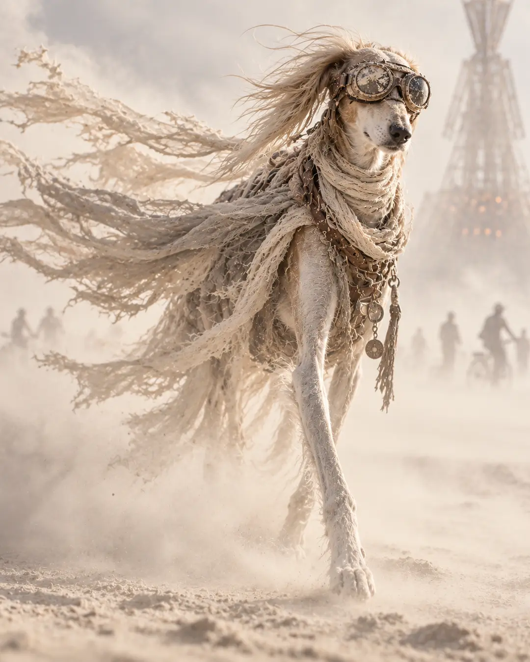 A goggle-wearing Saluki strides through a fierce playa dust storm, wrapped in windblown desert gear as cyclists disappear into the haze.
