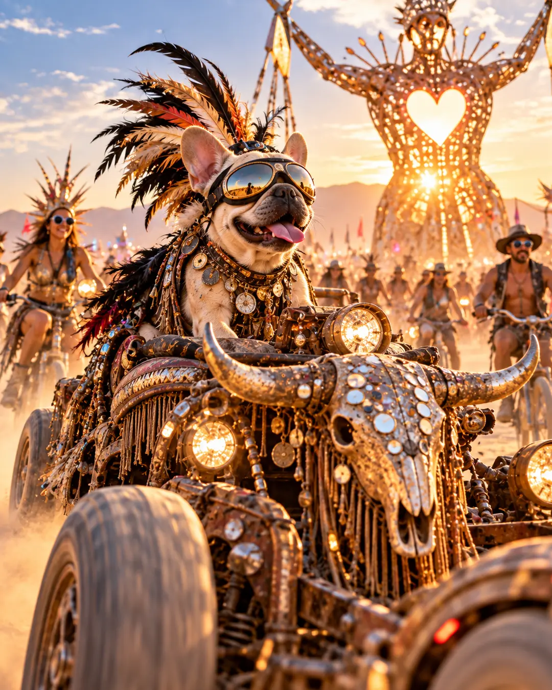 A goggle-wearing French Bulldog rides a wild steampunk art car across the Burning Man playa, surrounded by cyclists and glowing sculptures. Do you like this personality?
