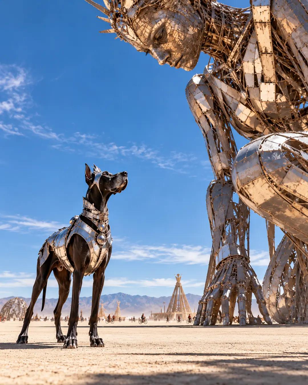 A sleek Great Dane in mirrored armor gazes up at a monumental metal figure towering over the sunlit Burning Man playa.