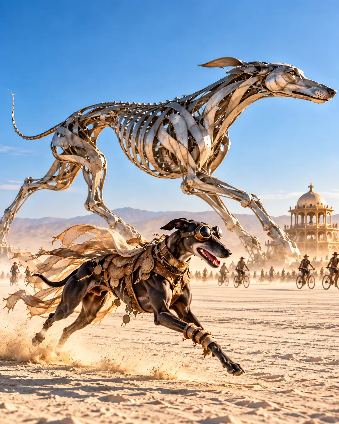 A goggle-wearing Greyhound races across the Burning Man playa beneath a monumental metal dog sculpture as cyclists pass through the dust.