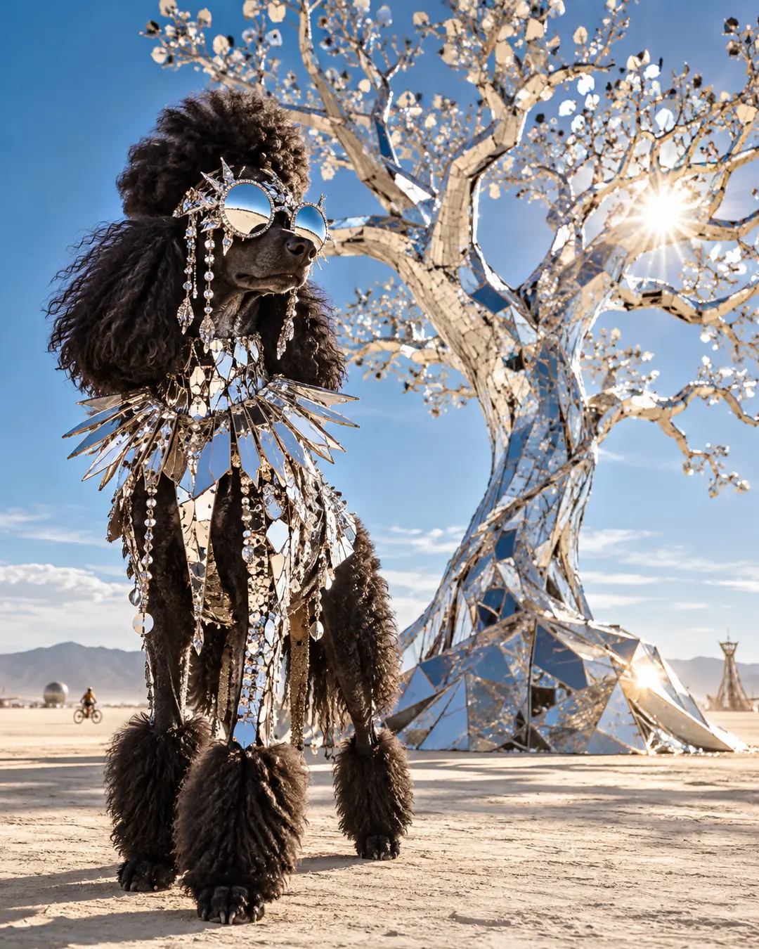 A black Poodle dressed in dazzling mirrored couture poses beside a shimmering metallic tree on the sunlit Burning Man playa.