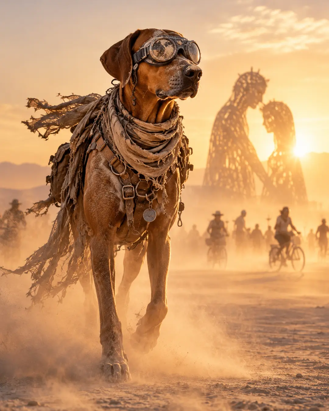 A goggle-wearing dog strides through the dusty Burning Man playa at sunset as cyclists and a monumental sculpture emerge through the haze.