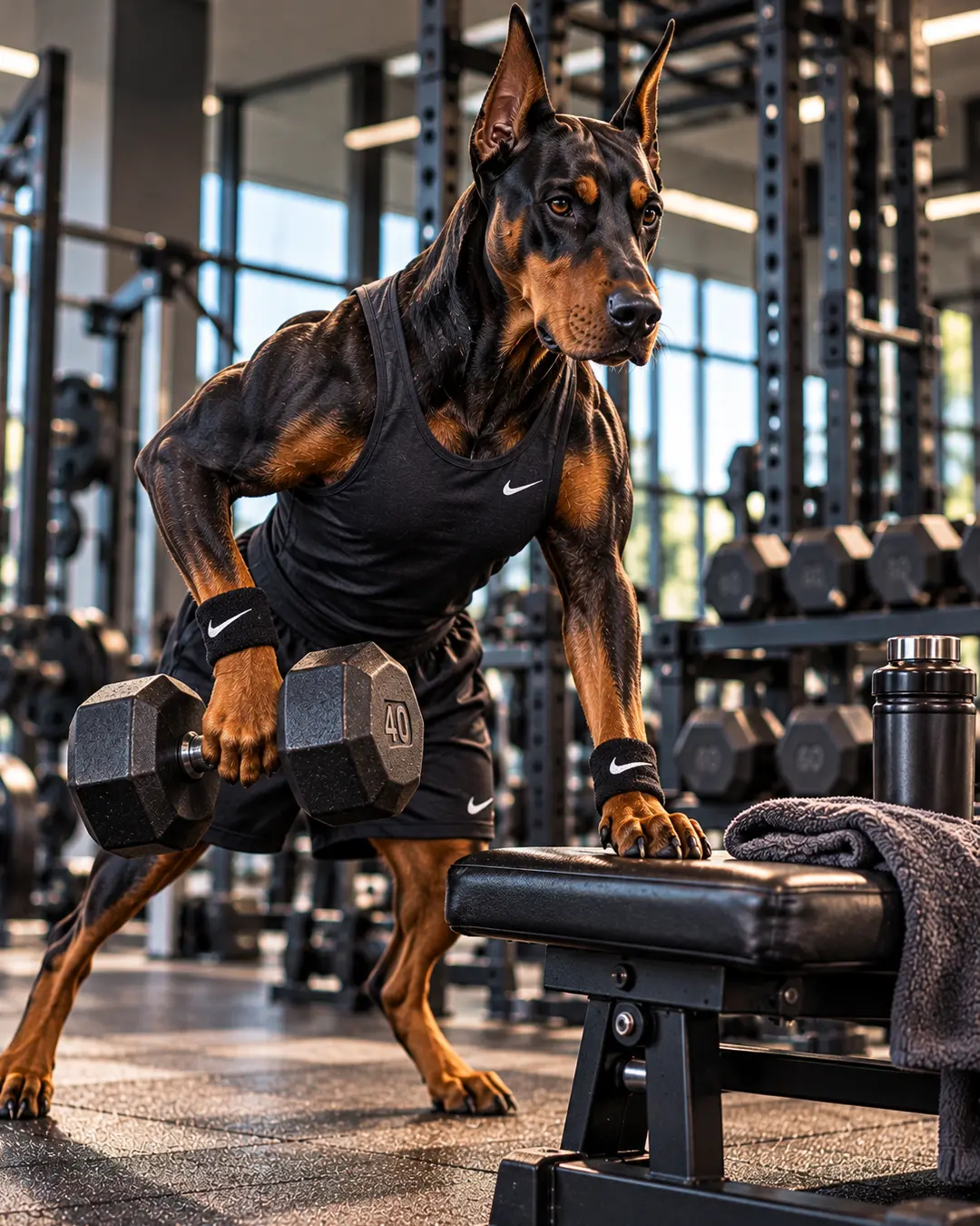 A muscular Doberman powers through a heavy dumbbell row, dressed in sleek black gym gear and looking completely focused on the workout.