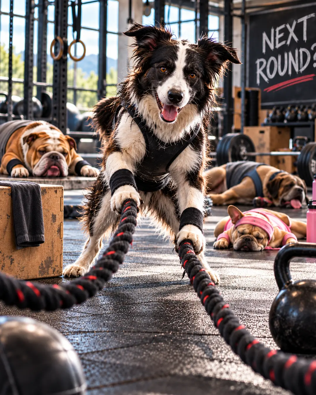 An energetic Border Collie powers through battle ropes while exhausted Bulldogs collapse around the gym, clearly done with another round.