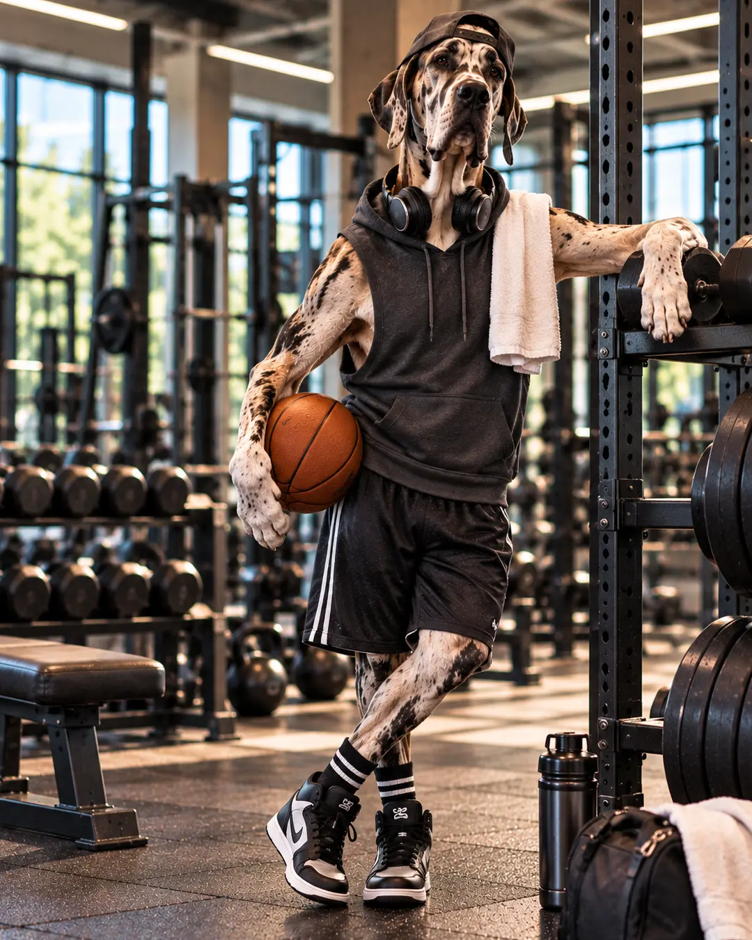 A laid-back Great Dane hangs out at the gym with a basketball, headphones and streetwear, looking more ready to socialize than work out.