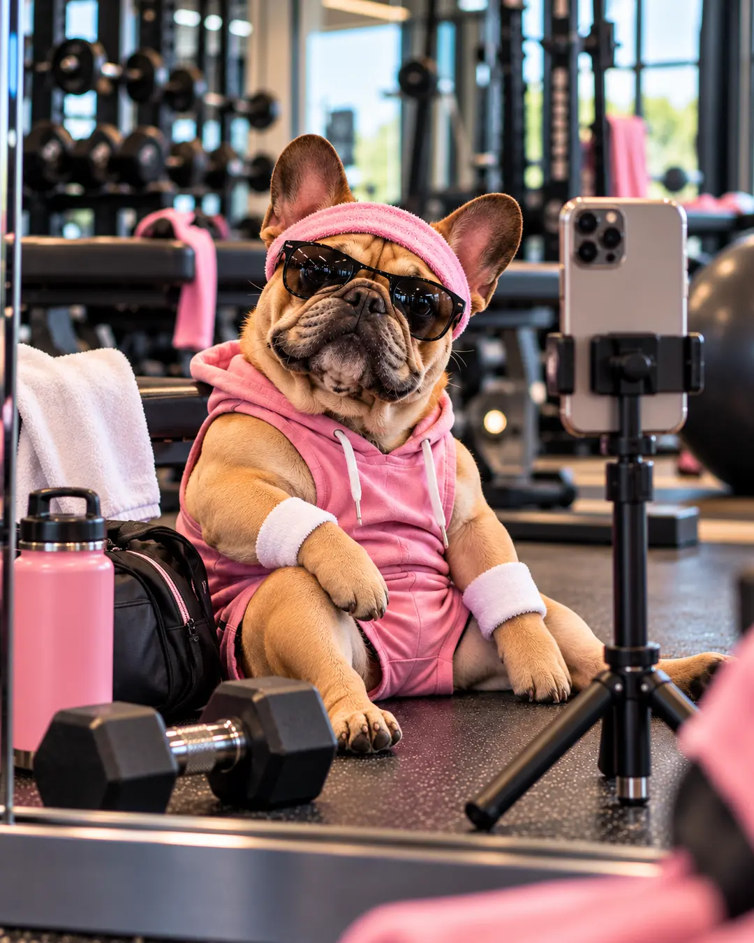 A French Bulldog in pink workout gear poses for a gym selfie, complete with sunglasses, headband, dumbbell and matching water bottle.