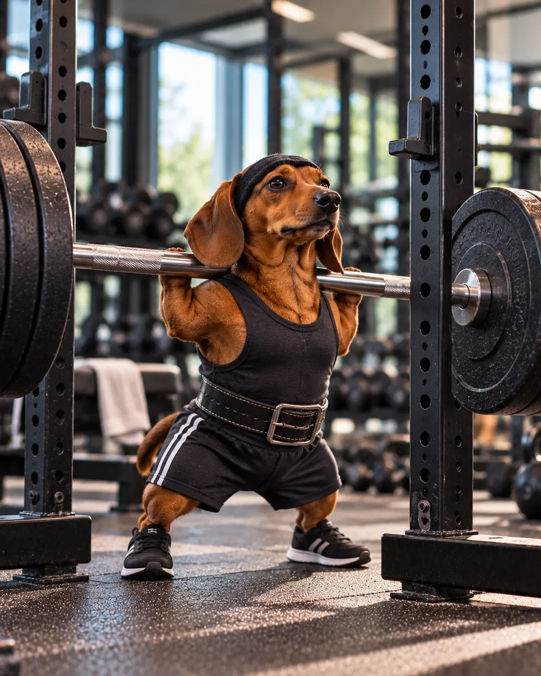 A determined Dachshund tackles a heavily loaded squat rack, dressed in full gym gear with a lifting belt, shorts and sneakers.