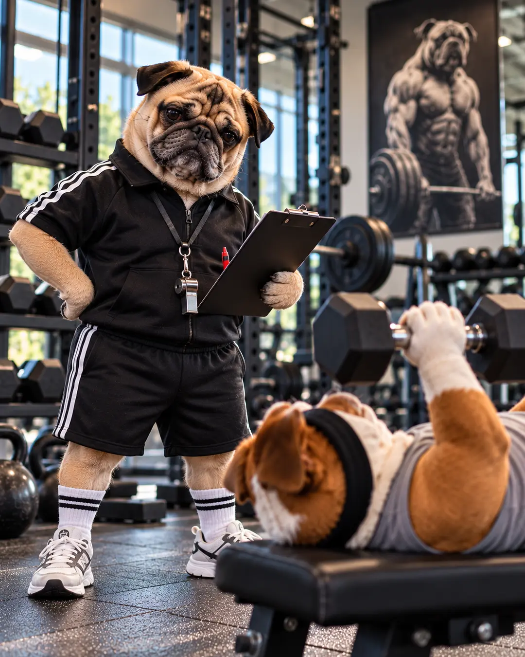A pug personal trainer watches closely with clipboard and whistle as a determined Bulldog presses a dumbbell on the bench.