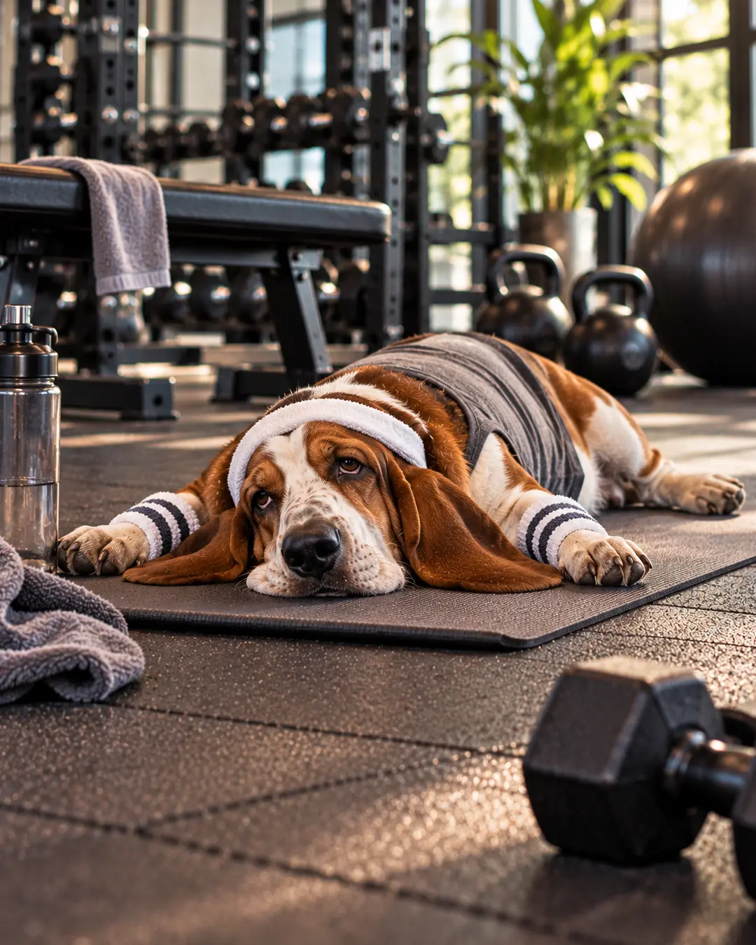 An exhausted Basset Hound lies flat on a gym mat after a questionable workout, looking completely committed to post-workout recovery.