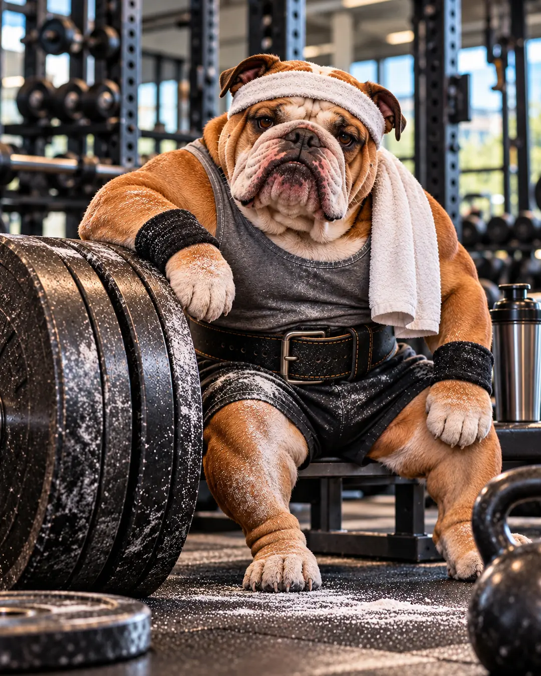 A chalk-covered English Bulldog powerlifter takes a break beside heavy weights, wearing a lifting belt, wrist wraps and gym gear.