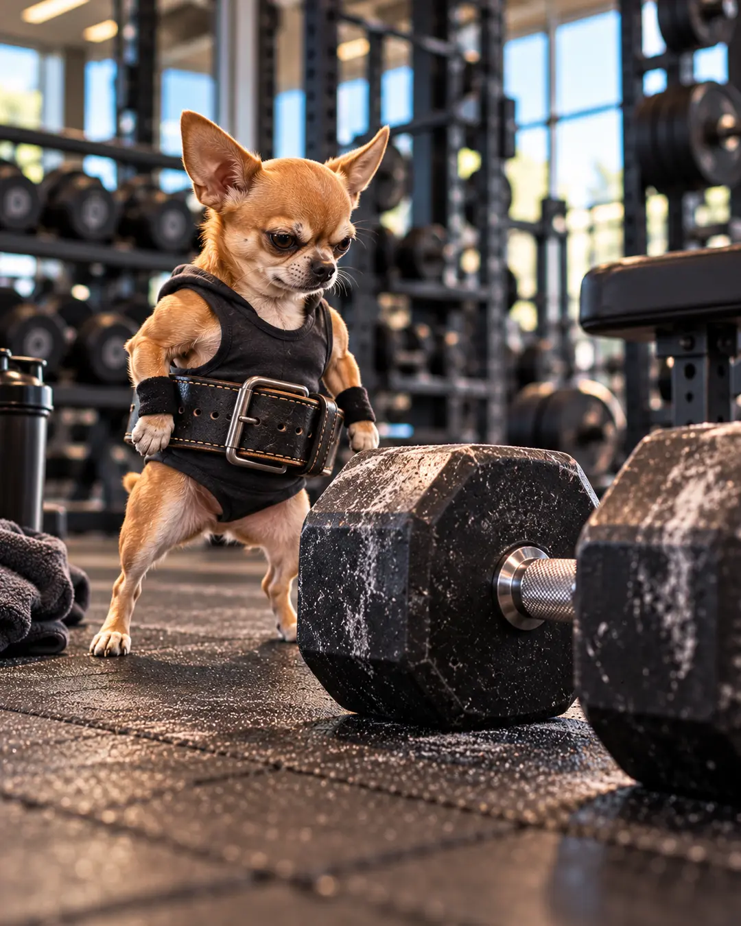 A tiny Chihuahua stares down a massive dumbbell, wearing a lifting belt and the confidence of a dog convinced size is irrelevant.