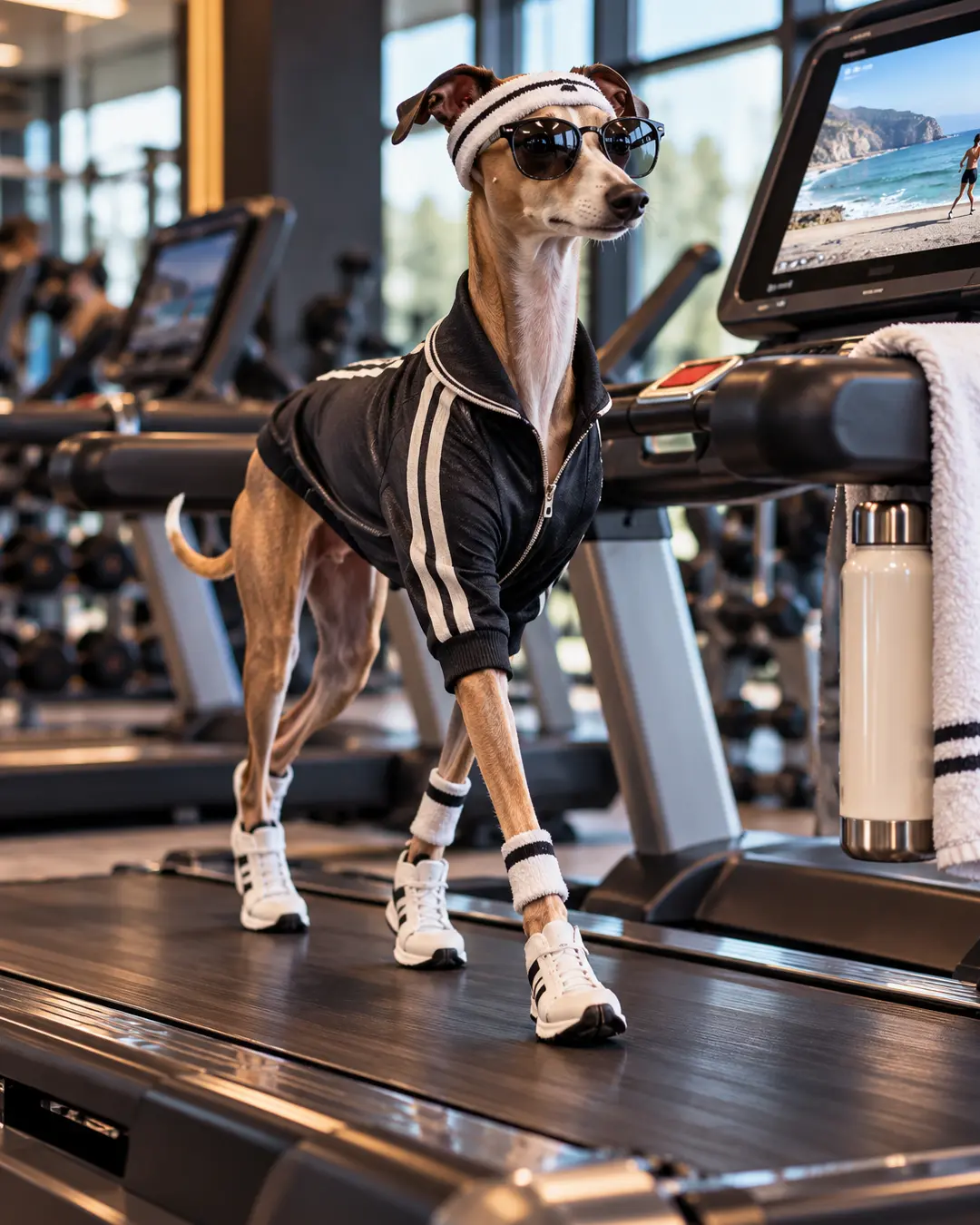A stylish Italian Greyhound struts on a treadmill in sunglasses, a tracksuit, headband and sneakers, looking more runway than workout.