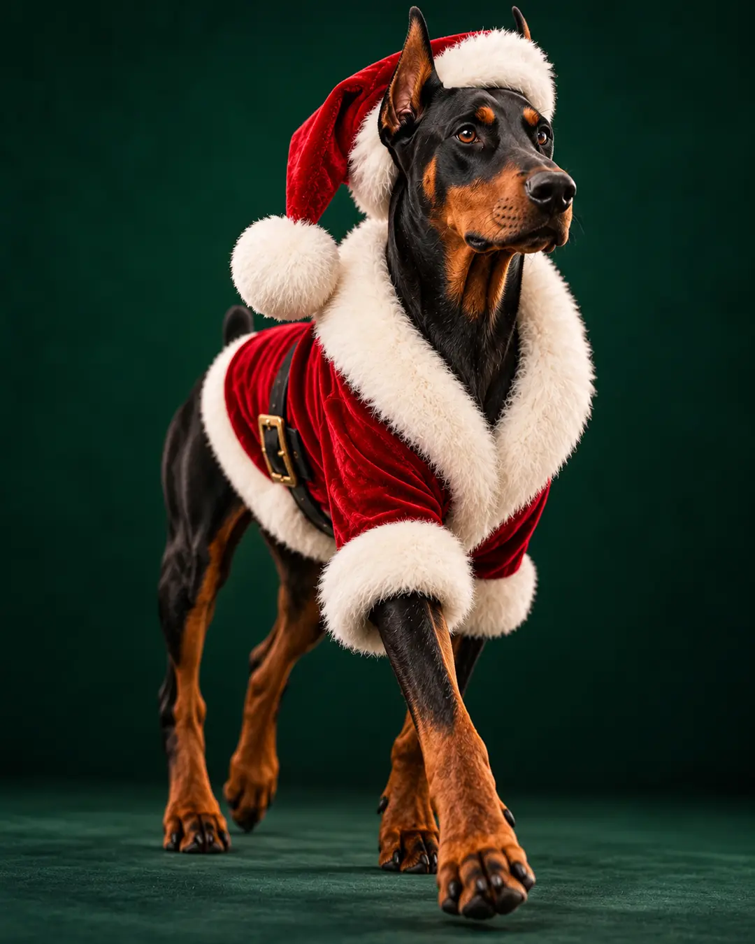 A majestic black-and-tan Doberman strides confidently in a red velvet Santa suit and hat against a deep green studio background.