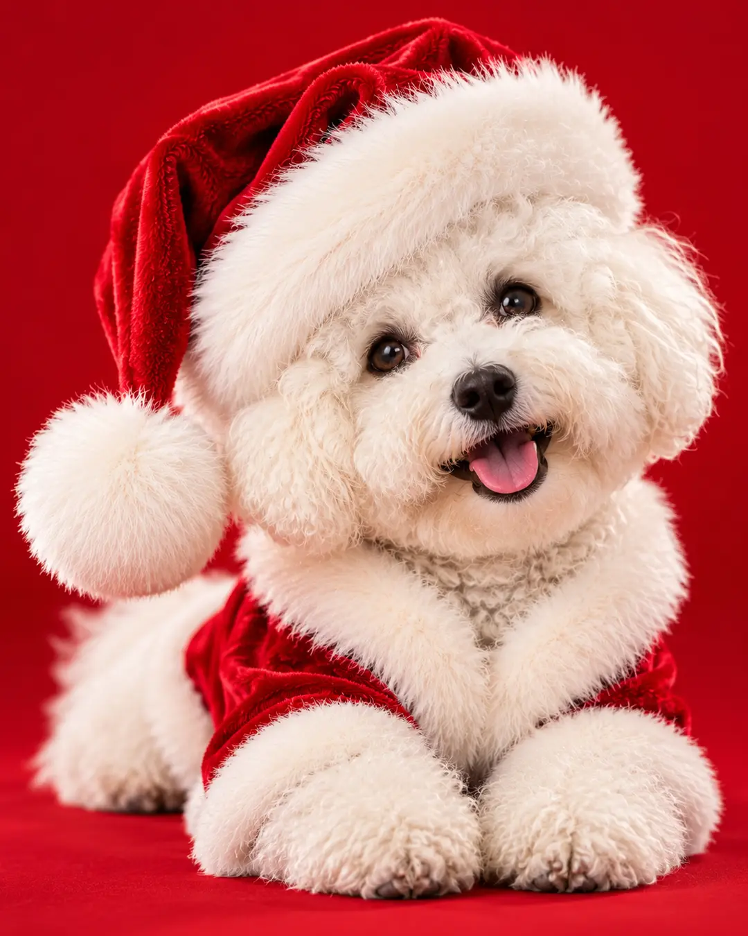 A fluffy white Bichon Frise wearing a luxurious red Santa hat and velvet coat smiles cheerfully against a vibrant red Christmas background.