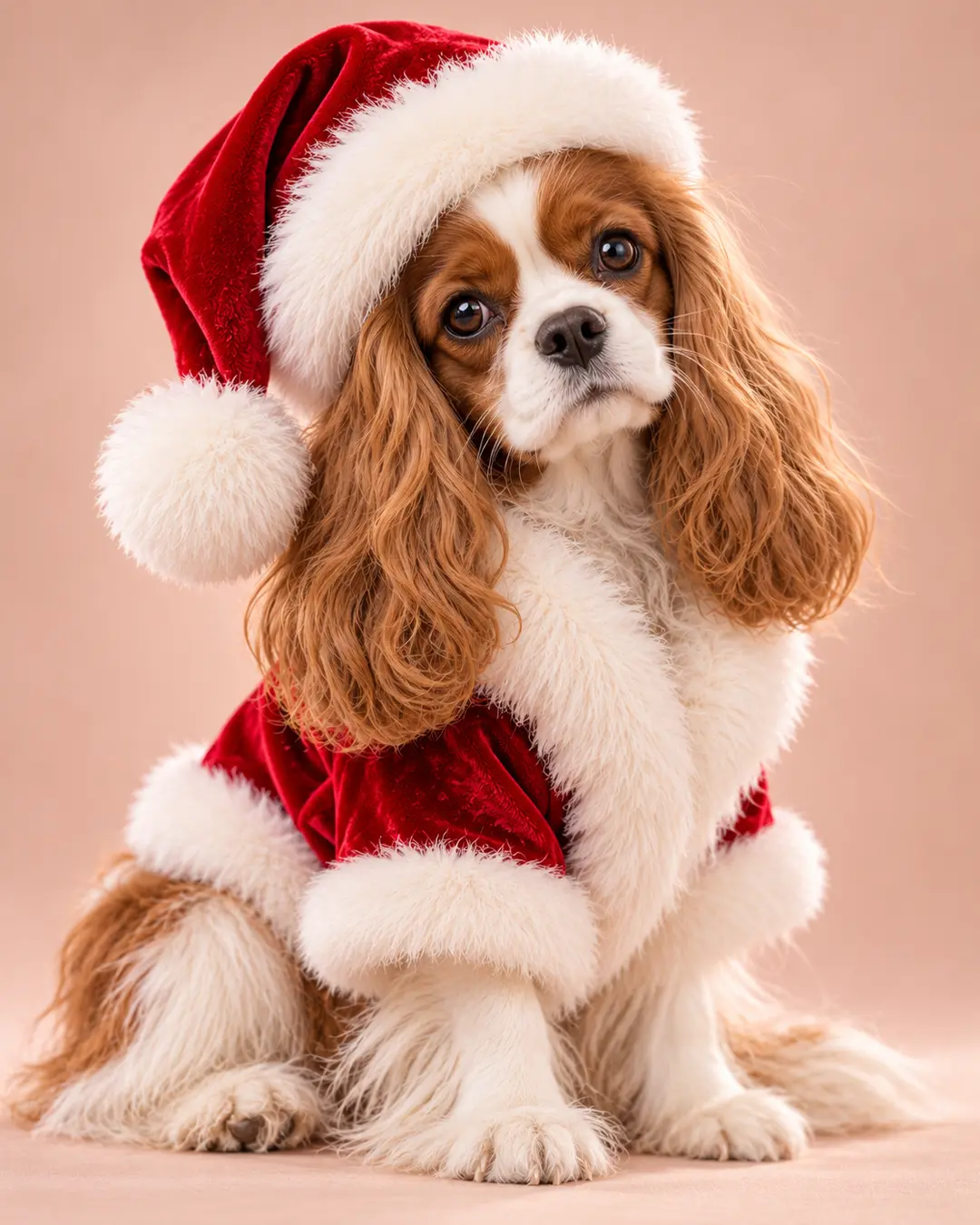 An adorable Cavalier King Charles Spaniel with silky chestnut ears and soulful eyes wears a red velvet Santa outfit against a soft pink background.