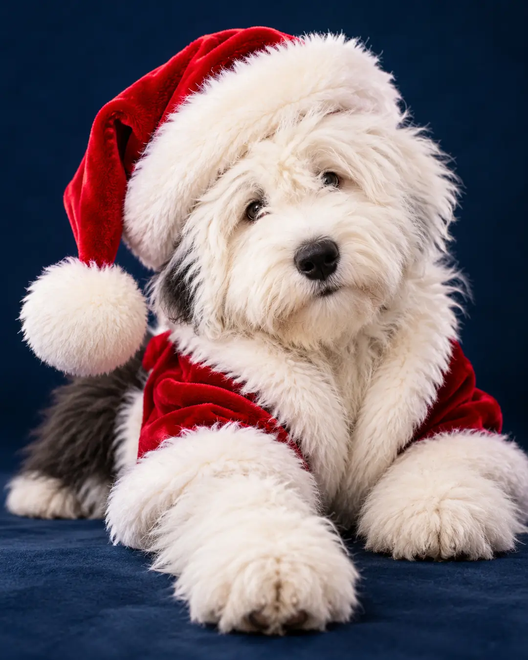 A fluffy white-and-grey dog wearing an oversized red Santa hat and velvet coat rests its paws forward against a deep navy-blue background.