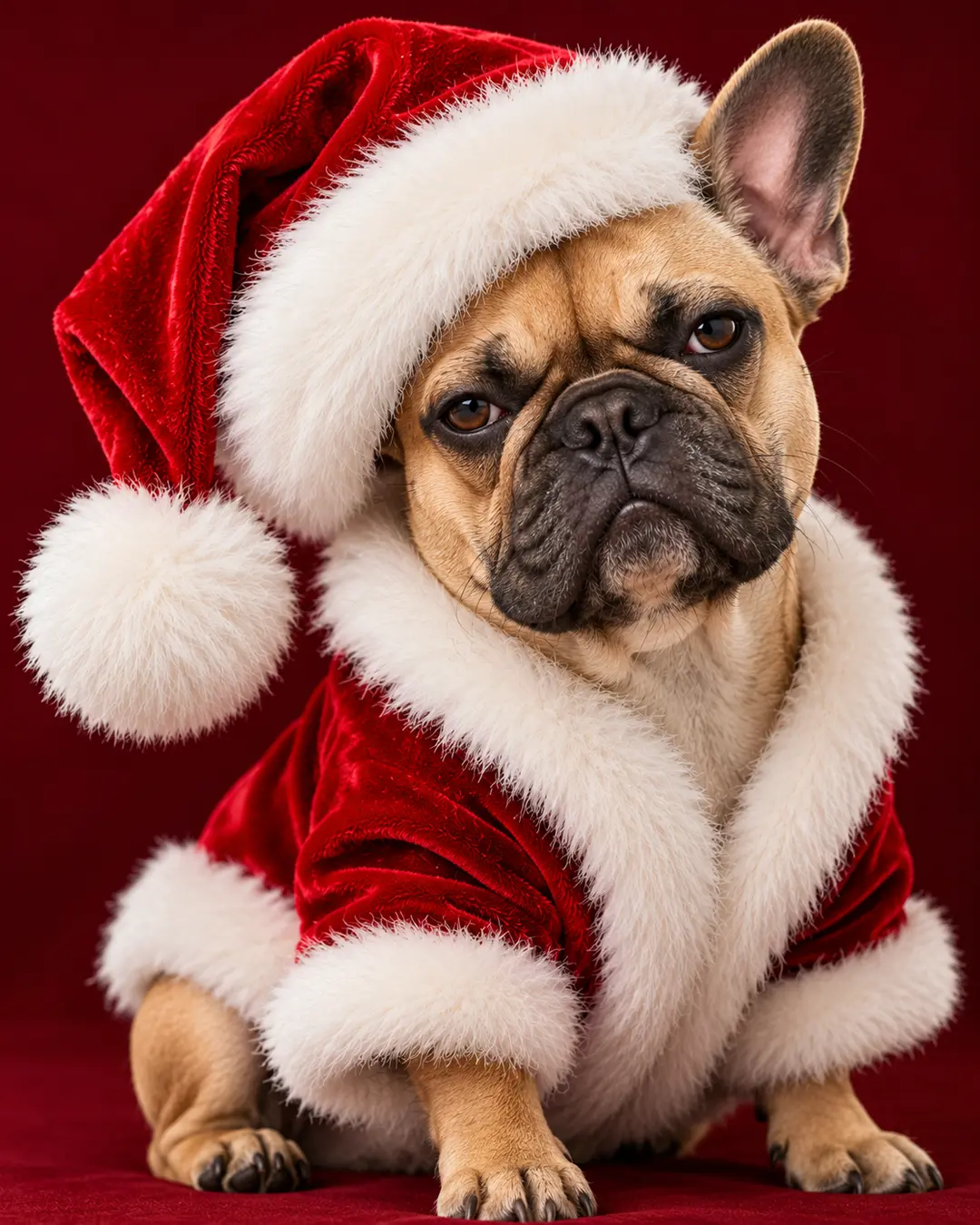 A grumpy French Bulldog wearing a luxurious red velvet Santa suit and oversized hat poses against a deep red background with a hilariously unimpressed expression.