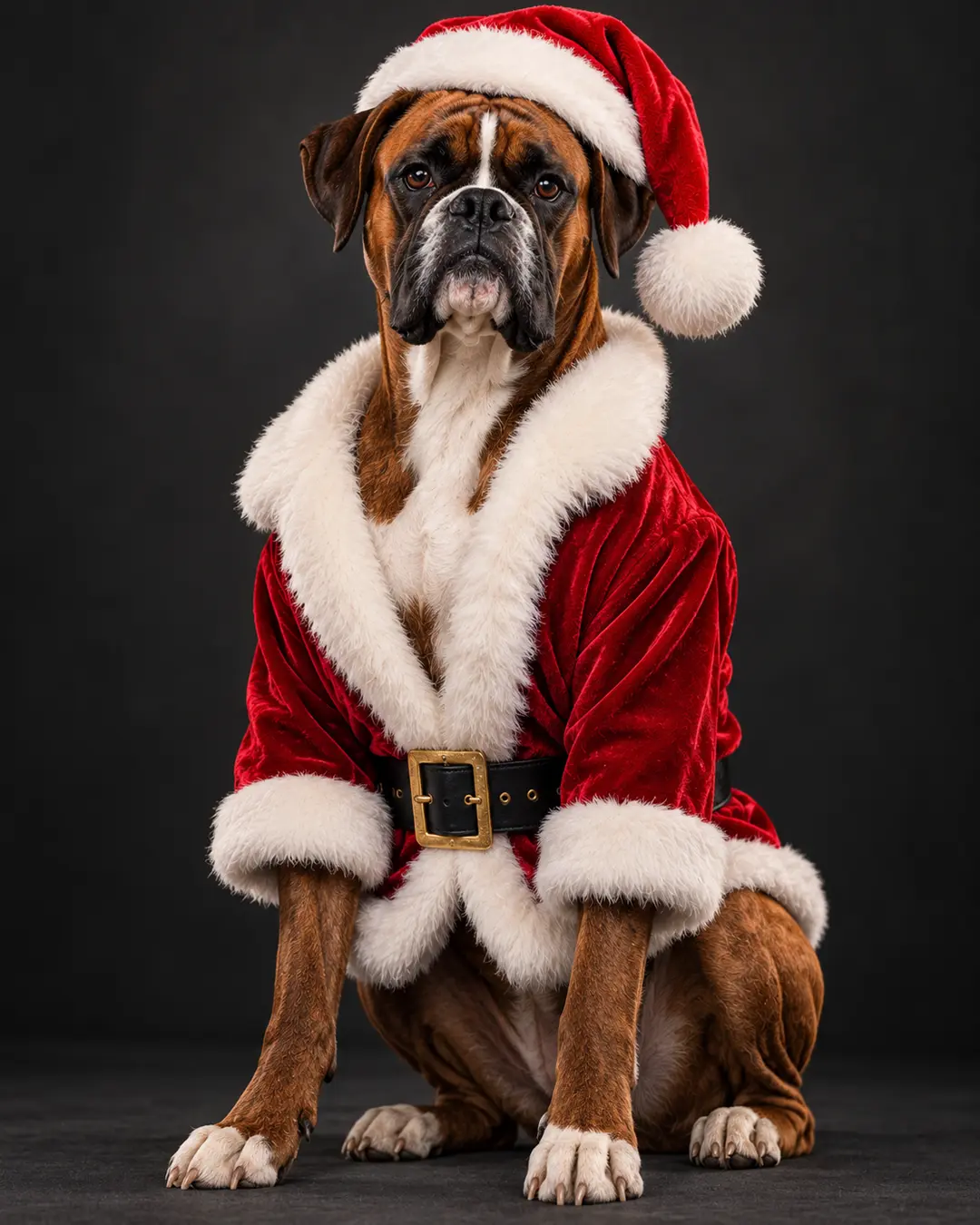 A handsome Boxer wearing a red velvet Santa suit and hat sits proudly against a dark charcoal background, looking serious and distinguished.