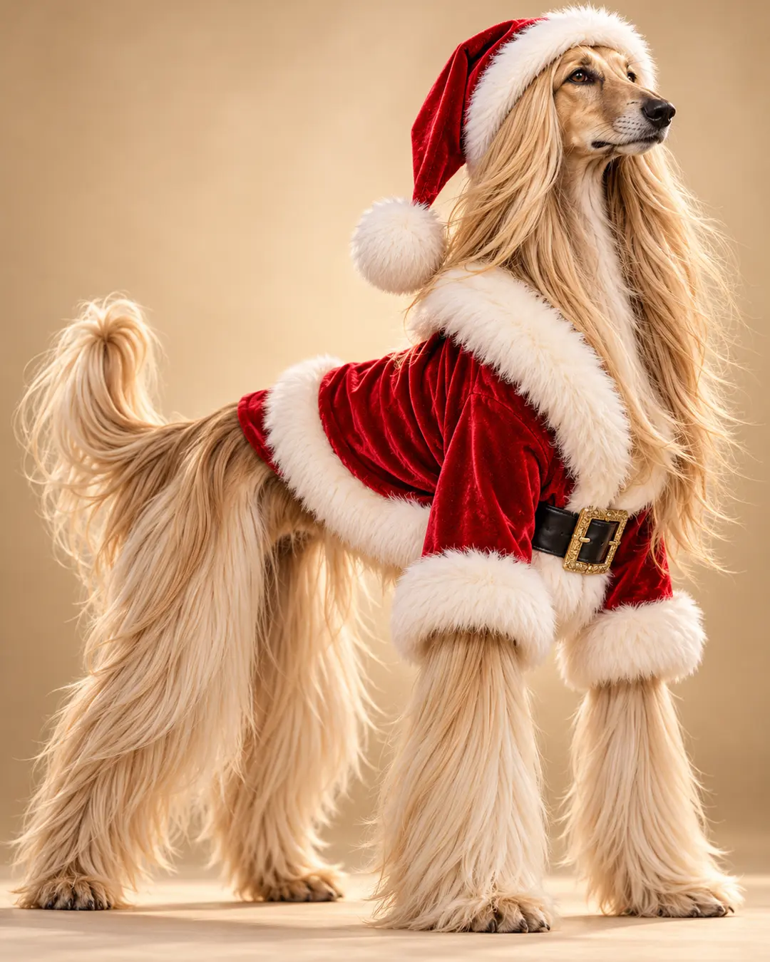 An elegant Afghan Hound with flowing golden fur poses in a luxurious red Santa outfit and hat against a warm beige studio background.