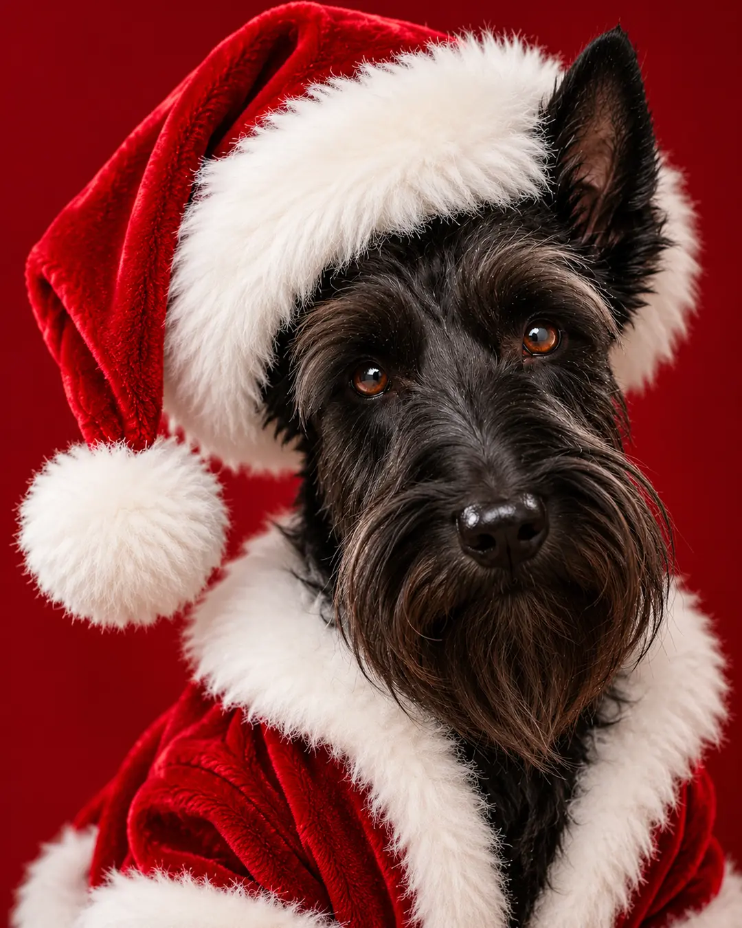 A black Scottish Terrier wearing a luxurious red Santa hat and fur-trimmed coat, gazing at the camera against a rich red Christmas background. Is this conversation helpful so far?