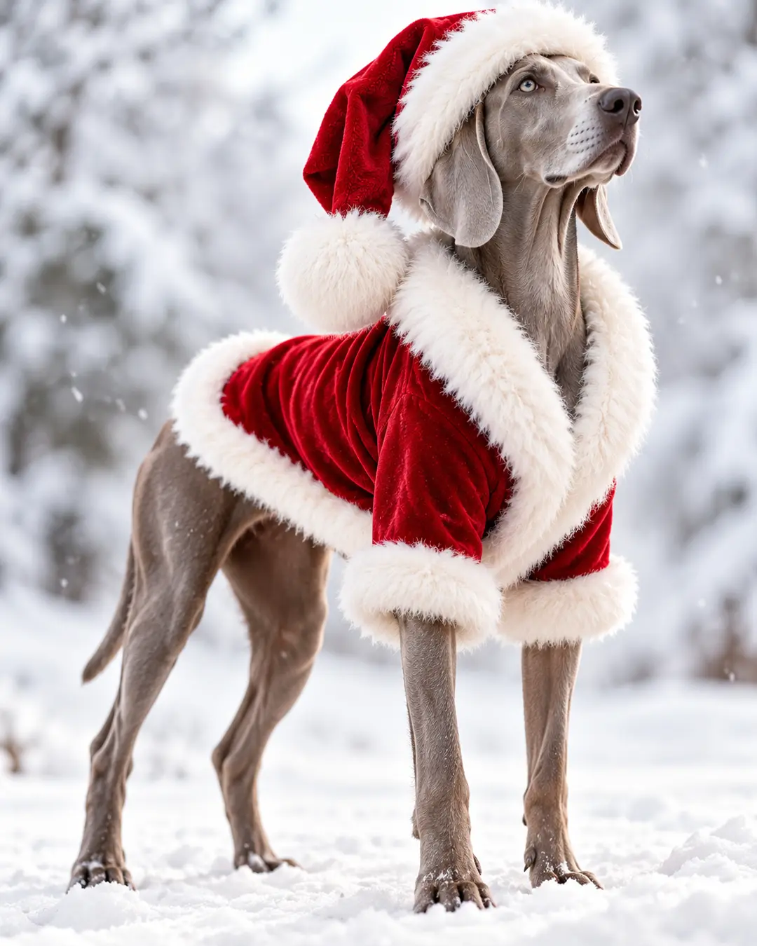 A graceful silver-grey Weimaraner wearing a red velvet Santa coat and hat stands proudly in a snowy winter landscape, gazing upward.