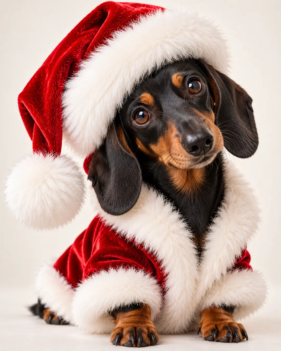 An adorable black-and-tan Dachshund with soulful brown eyes and a tilted head wears a plush red Santa hat and velvet coat against a white background.