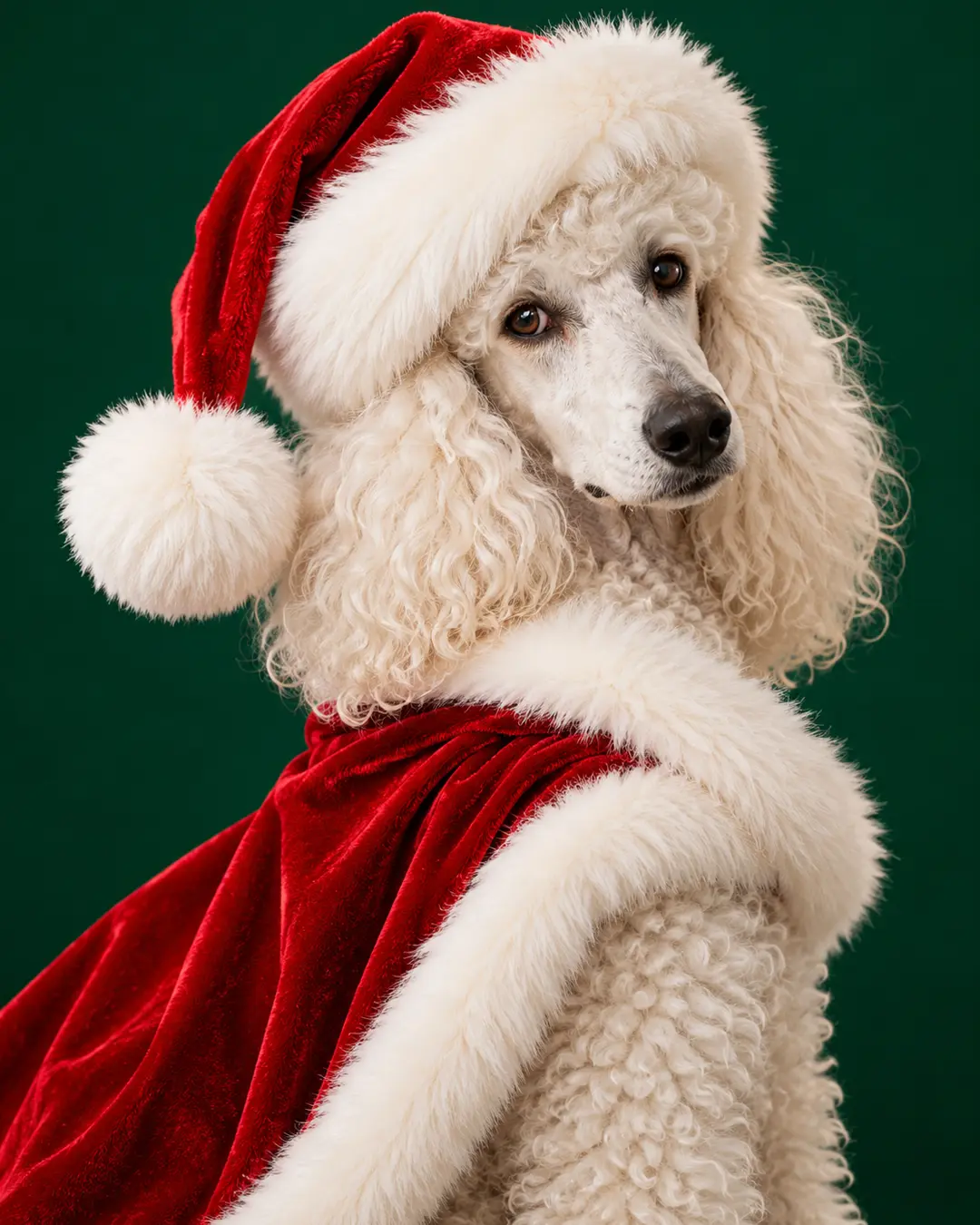 An elegant white Poodle with flowing curls poses in a luxurious red velvet Santa cape and oversized hat against a rich emerald-green background.