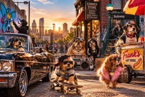 A crew of streetwise dogs takes over the neighborhood at sunset, from lowriders and skateboards to graffiti, hot dogs and corner-store politics.