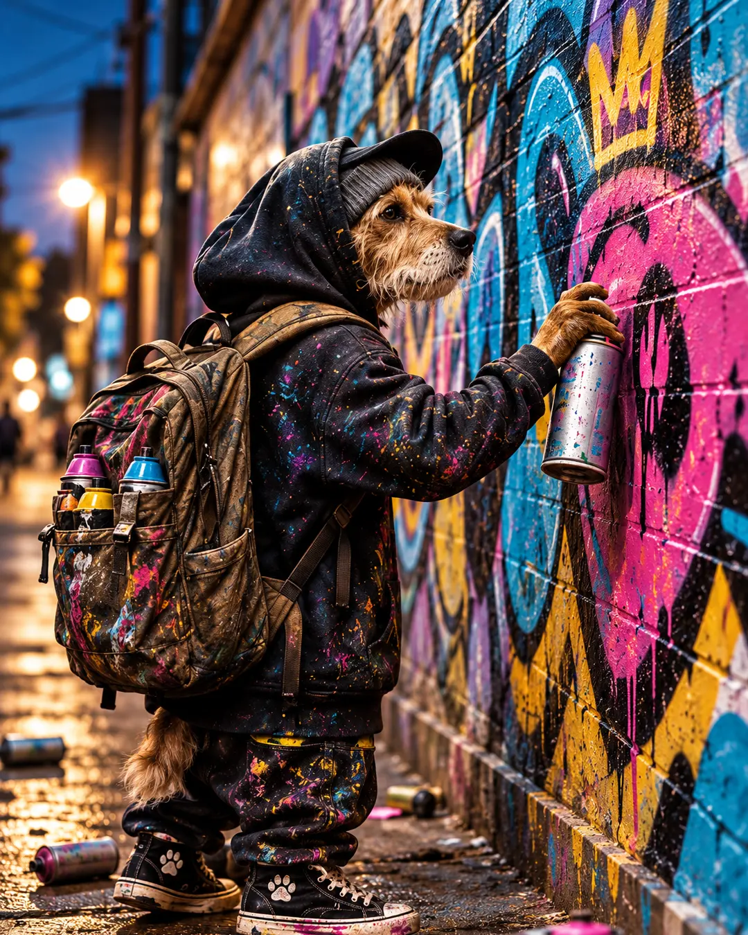 A streetwise dog in paint-splattered clothes and sneakers creates colorful graffiti on a city wall, armed with a backpack full of spray paint.