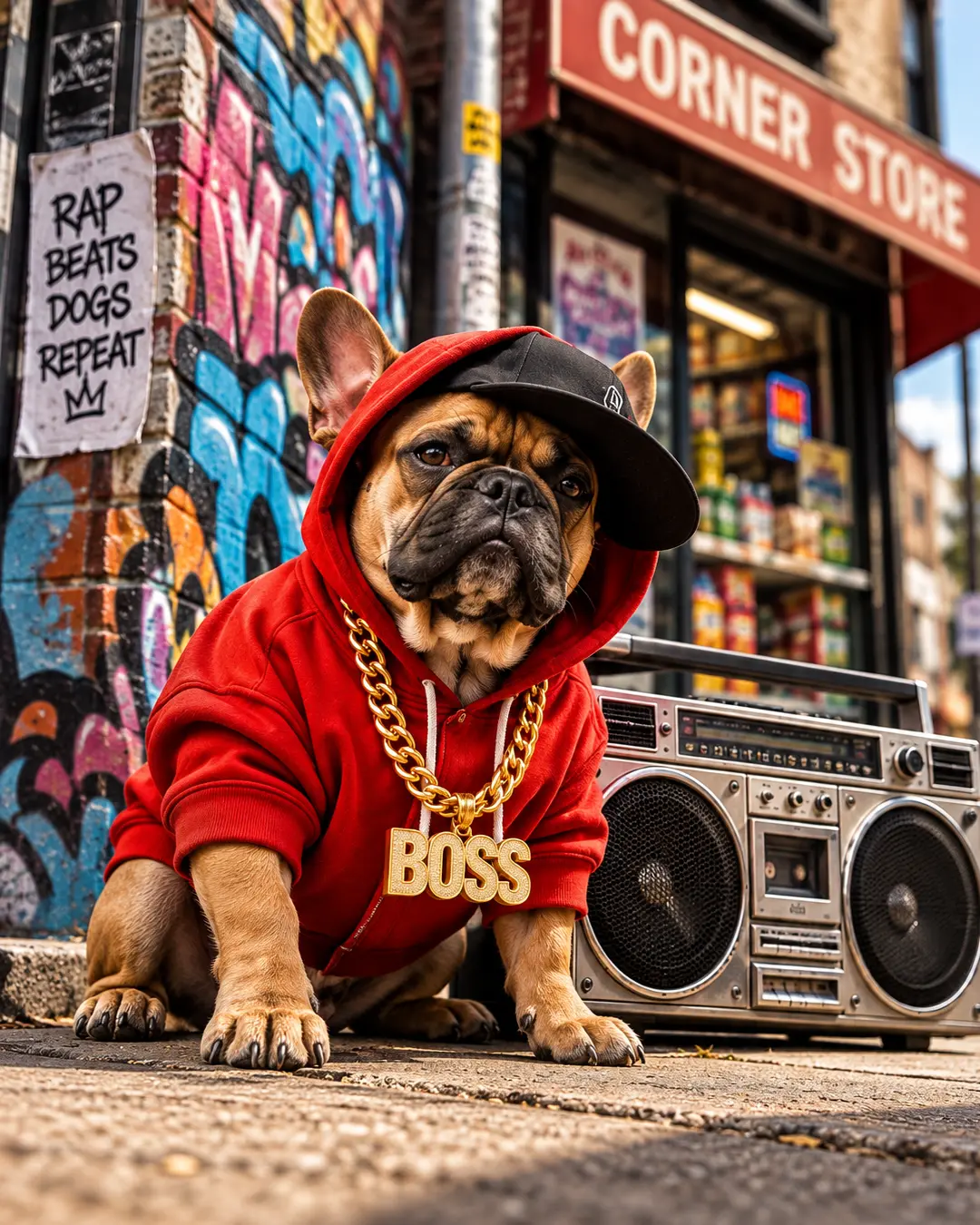 A French Bulldog in a red hoodie, sideways cap and gold “BOSS” chain poses with a boombox outside a graffiti-covered corner store.