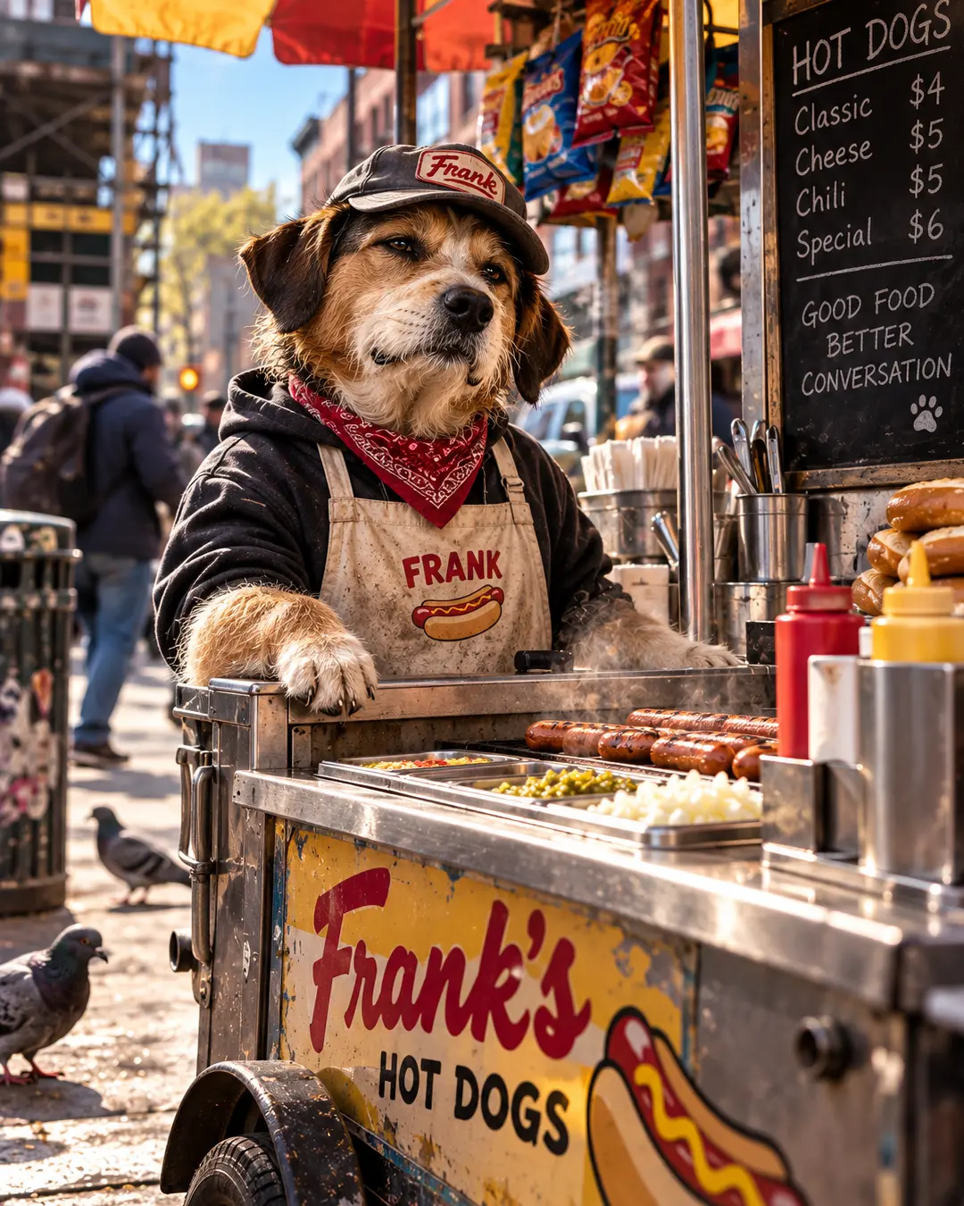 A streetwise dog named Frank works his busy neighborhood hot-dog cart, serving lunch, conversation and probably a little local gossip.