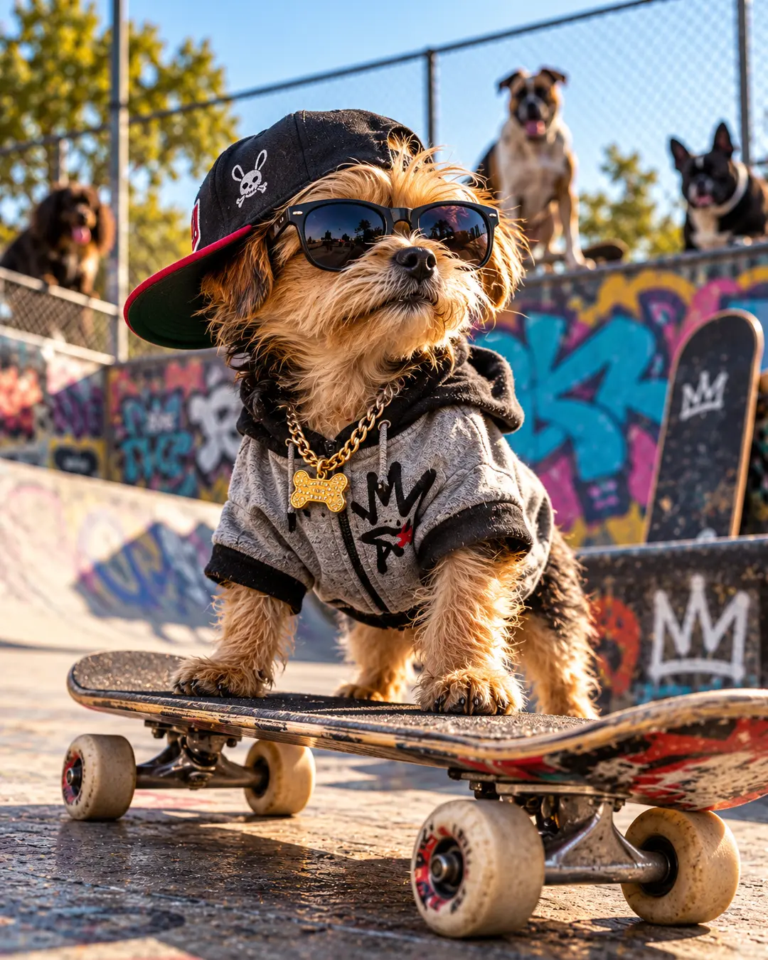A tiny, swaggering dog in sunglasses and a sideways cap stands on a skateboard at a graffiti-covered skatepark, surrounded by bigger dogs.