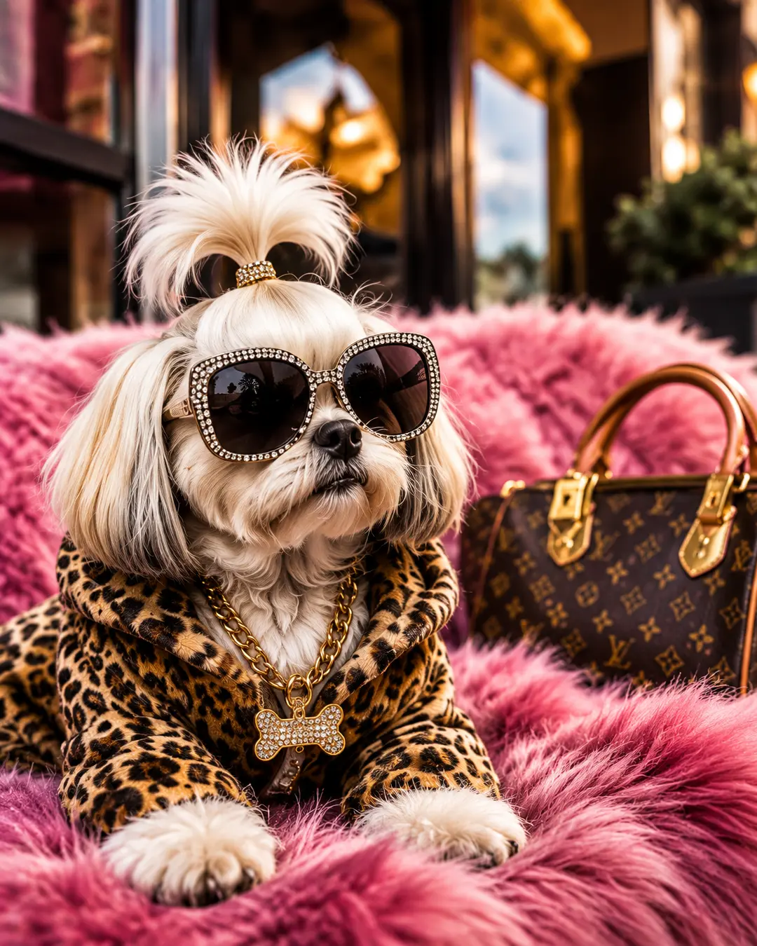 A pampered little dog in jeweled sunglasses and leopard print lounges on pink fur beside a designer handbag, dripping in gold and attitude.