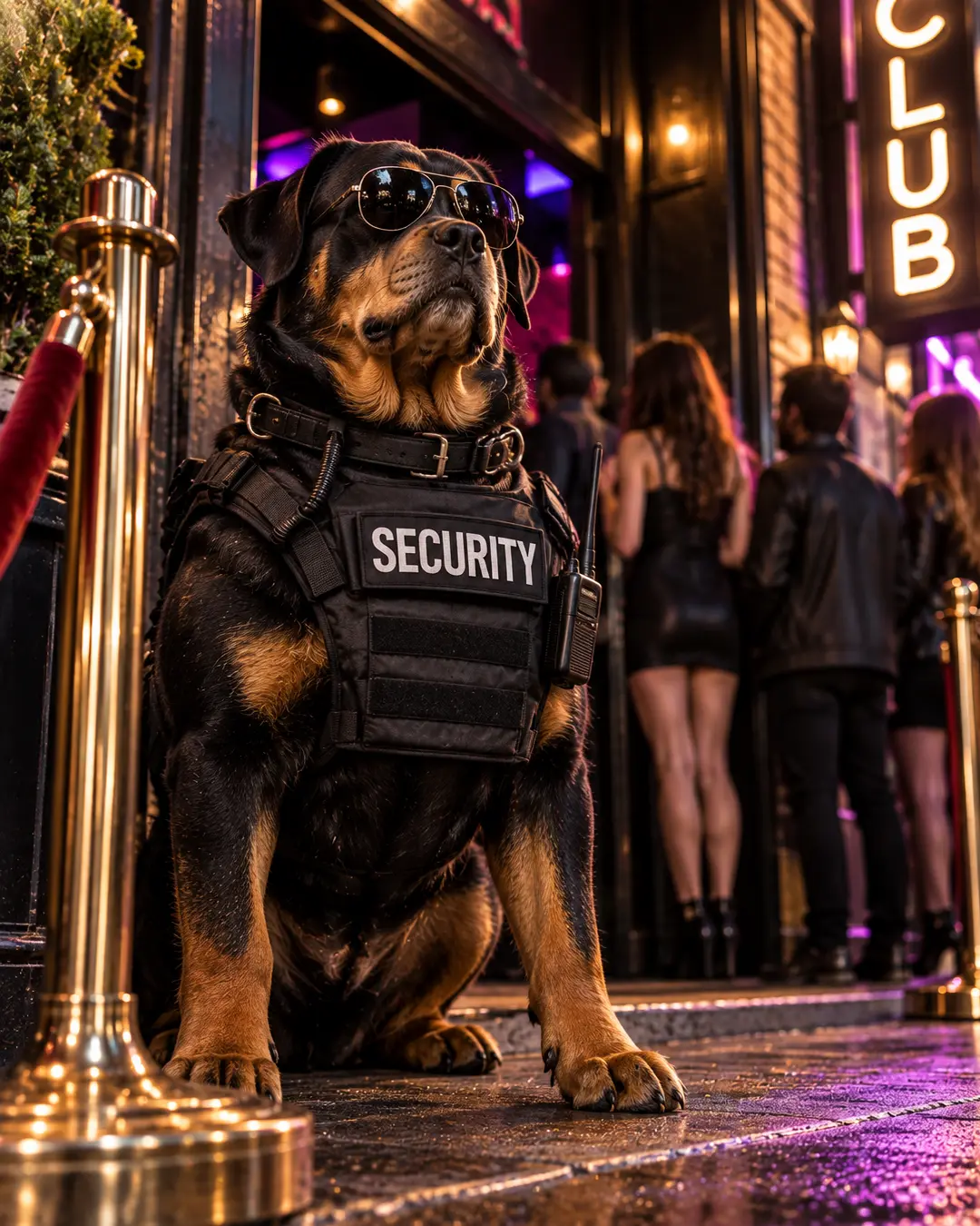 A tough-looking security dog in sunglasses and a tactical vest guards a neon-lit nightclub entrance, keeping a close eye on everyone in line.