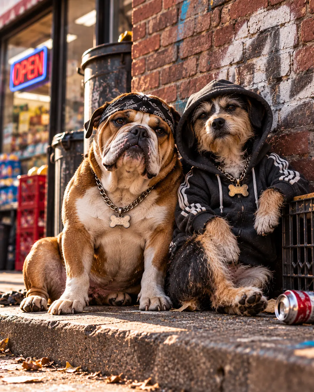 Two neighborhood dogs in a bandana and hoodie hang outside a corner store, looking considerably more dangerous than their criminal records suggest.