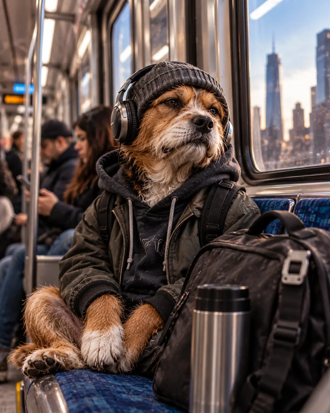 A weary commuter dog in a knit cap, hoodie and headphones rides the morning train with his backpack and coffee, staring down another workday.