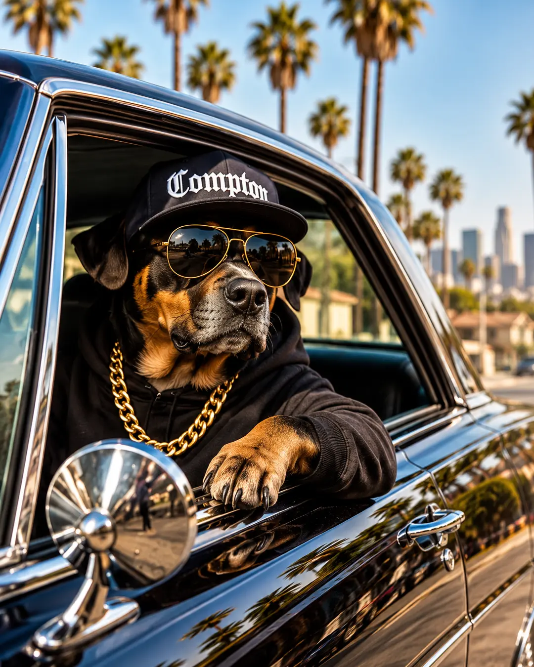 A cool dog in sunglasses, a Compton cap and gold chain cruises through a palm-lined neighborhood in a polished black lowrider.