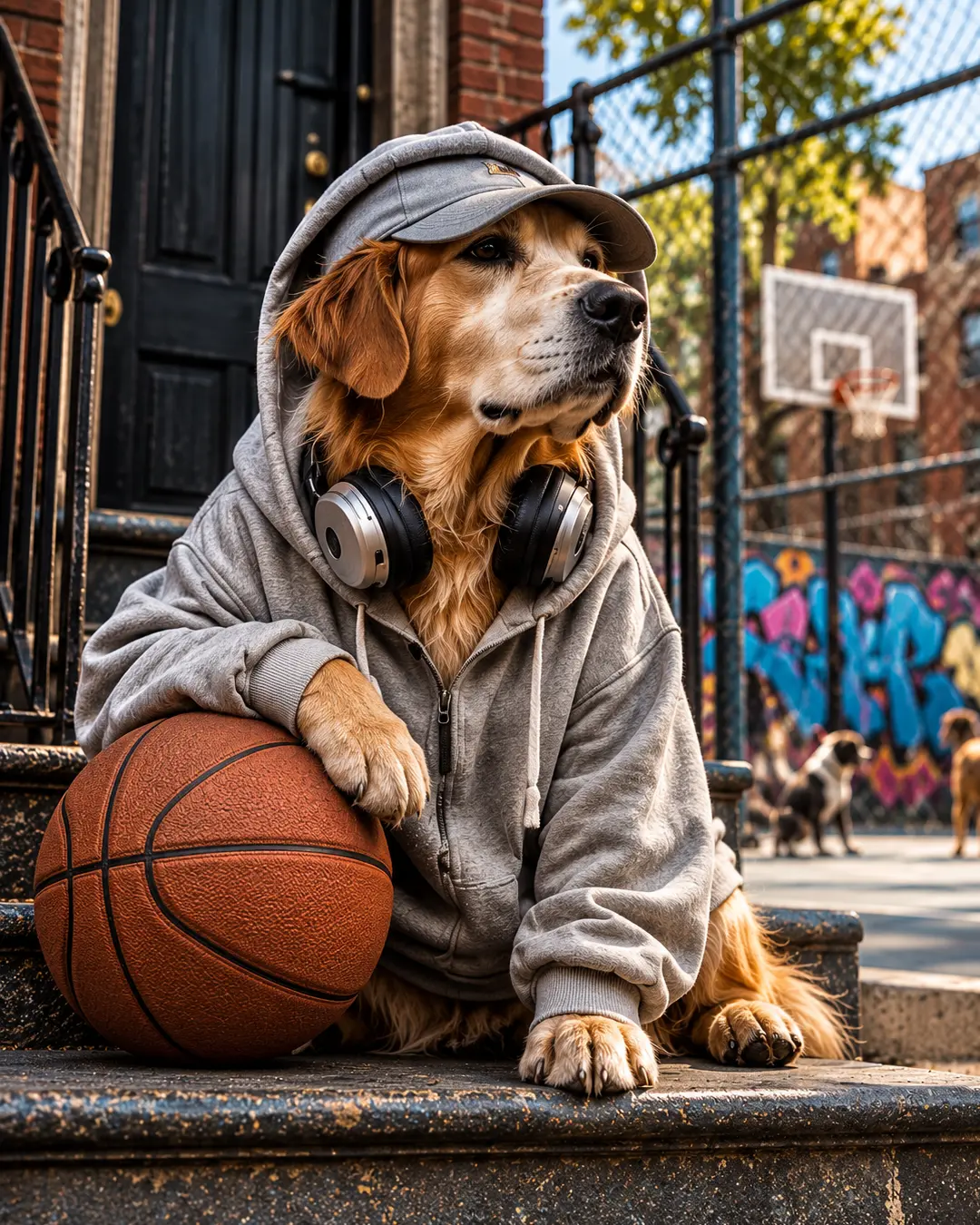 A confident dog in a gray hoodie, cap and headphones hangs courtside with a basketball, quietly surveying his neighborhood territory.