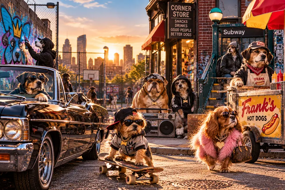 A crew of streetwise dogs takes over the neighborhood at sunset, from lowriders and skateboards to graffiti, hot dogs and corner-store politics.