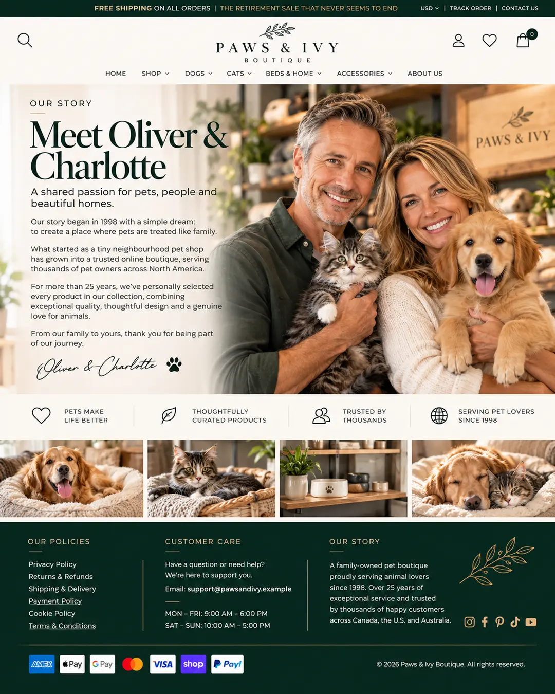 Paws & Ivy Boutique's About Us page introduces founders Oliver and Charlotte, their love of pets, family values and 25 years of trusted service.