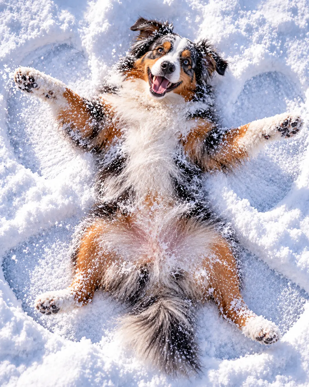 A joyful Australian Shepherd lies on its back making a snow angel, paws spread wide and tongue out, surrounded by fluffy fresh snow.