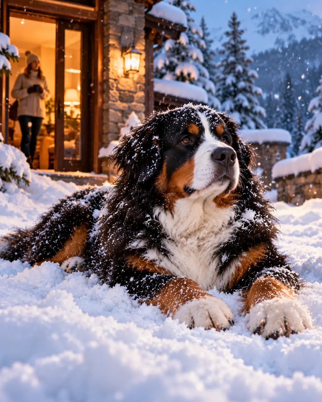 A snow-covered Bernese Mountain Dog lounges happily in deep powder outside a warmly lit mountain chalet, completely unbothered by the winter cold.