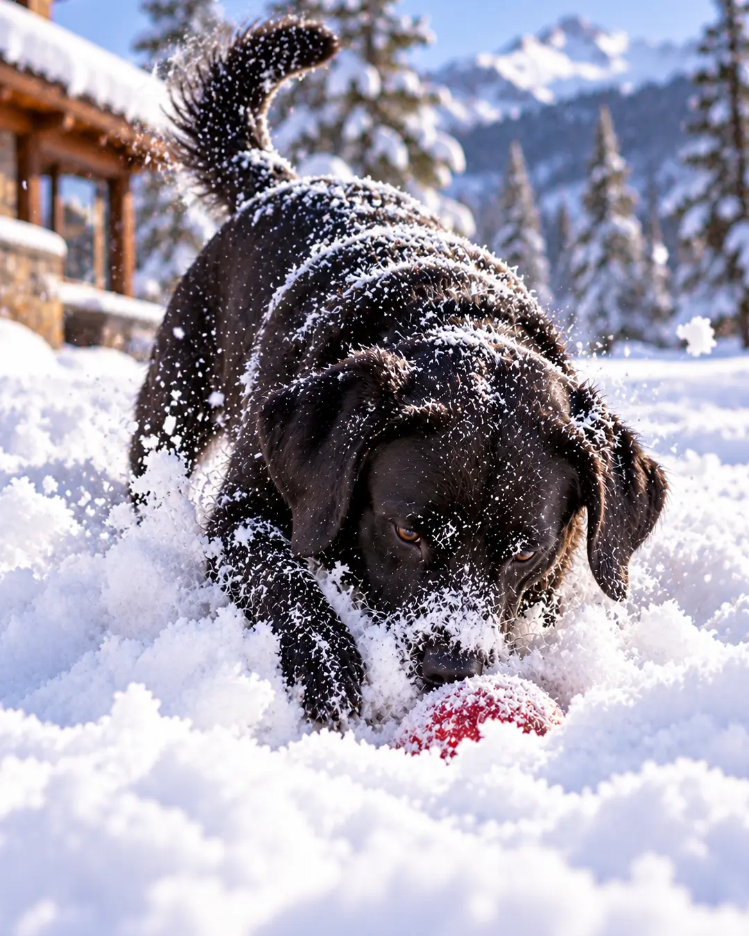 A playful black Labrador digs through deep snow to retrieve a red ball, its face covered in powder against a beautiful snowy mountain backdrop.