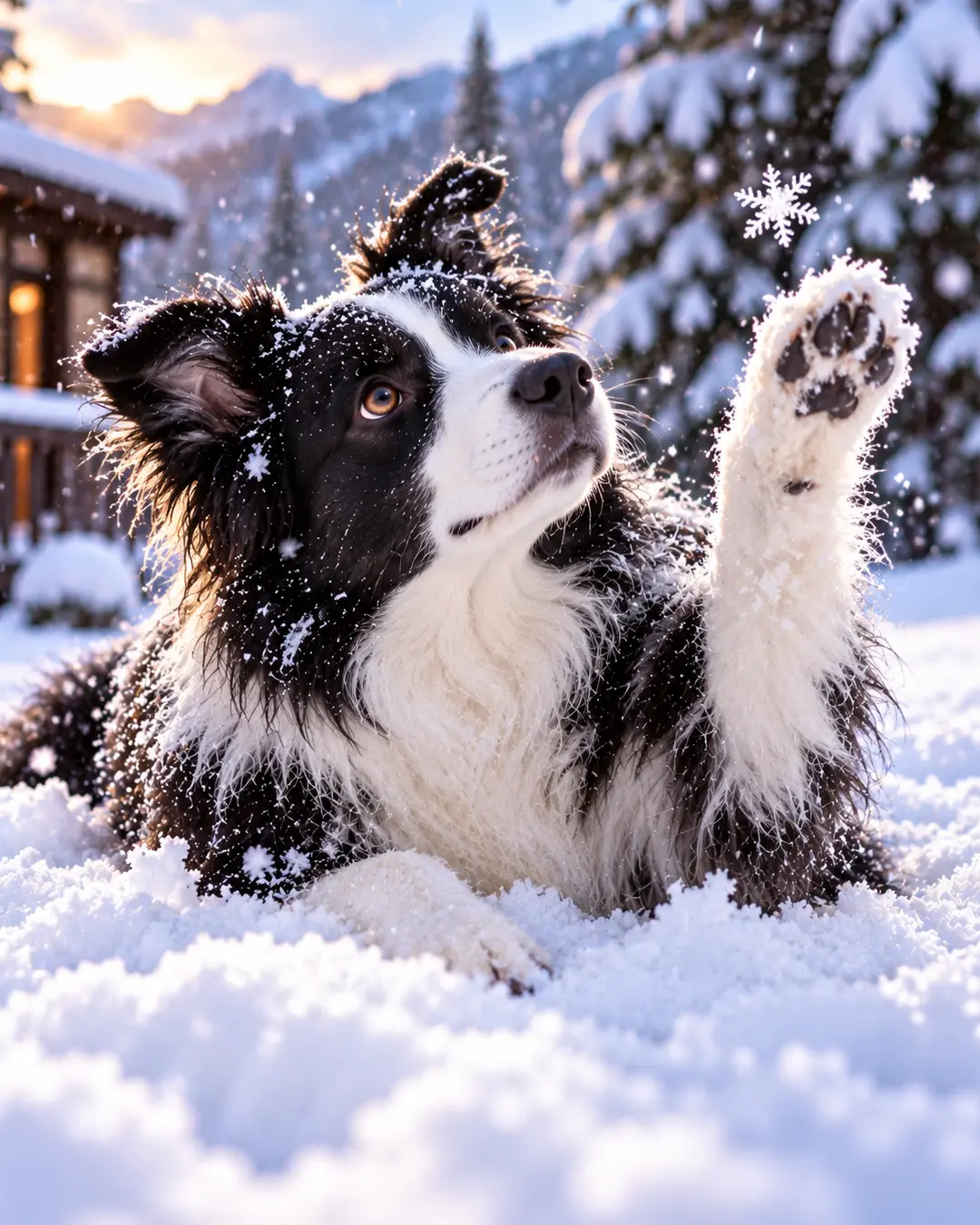 A playful Border Collie lies in deep snow, reaching one paw toward falling snowflakes as a cozy mountain cabin glows in the winter sunset.