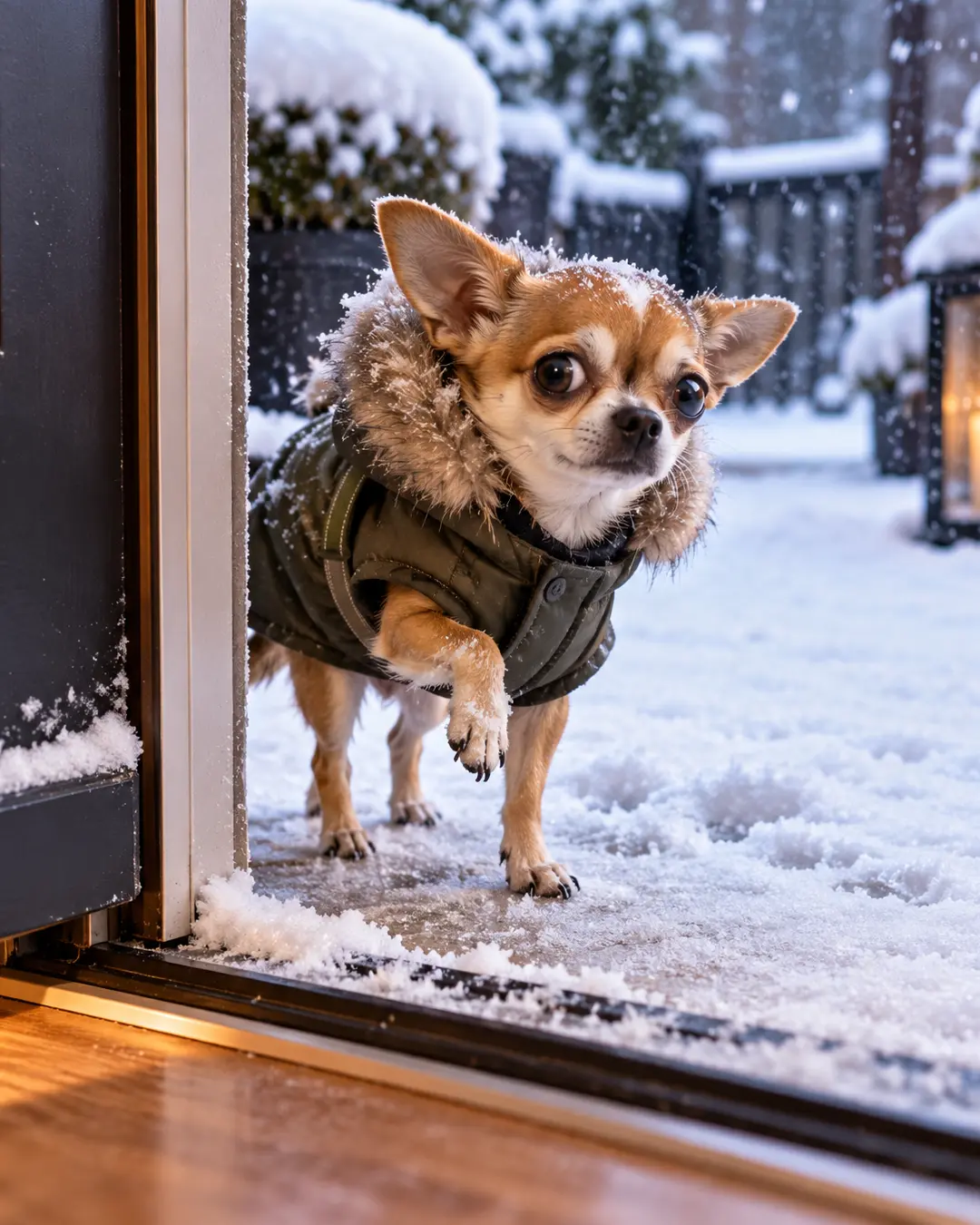 A tiny Chihuahua in a fur-trimmed winter coat hesitates at a snowy doorway, one paw raised, looking thoroughly unimpressed by the cold.