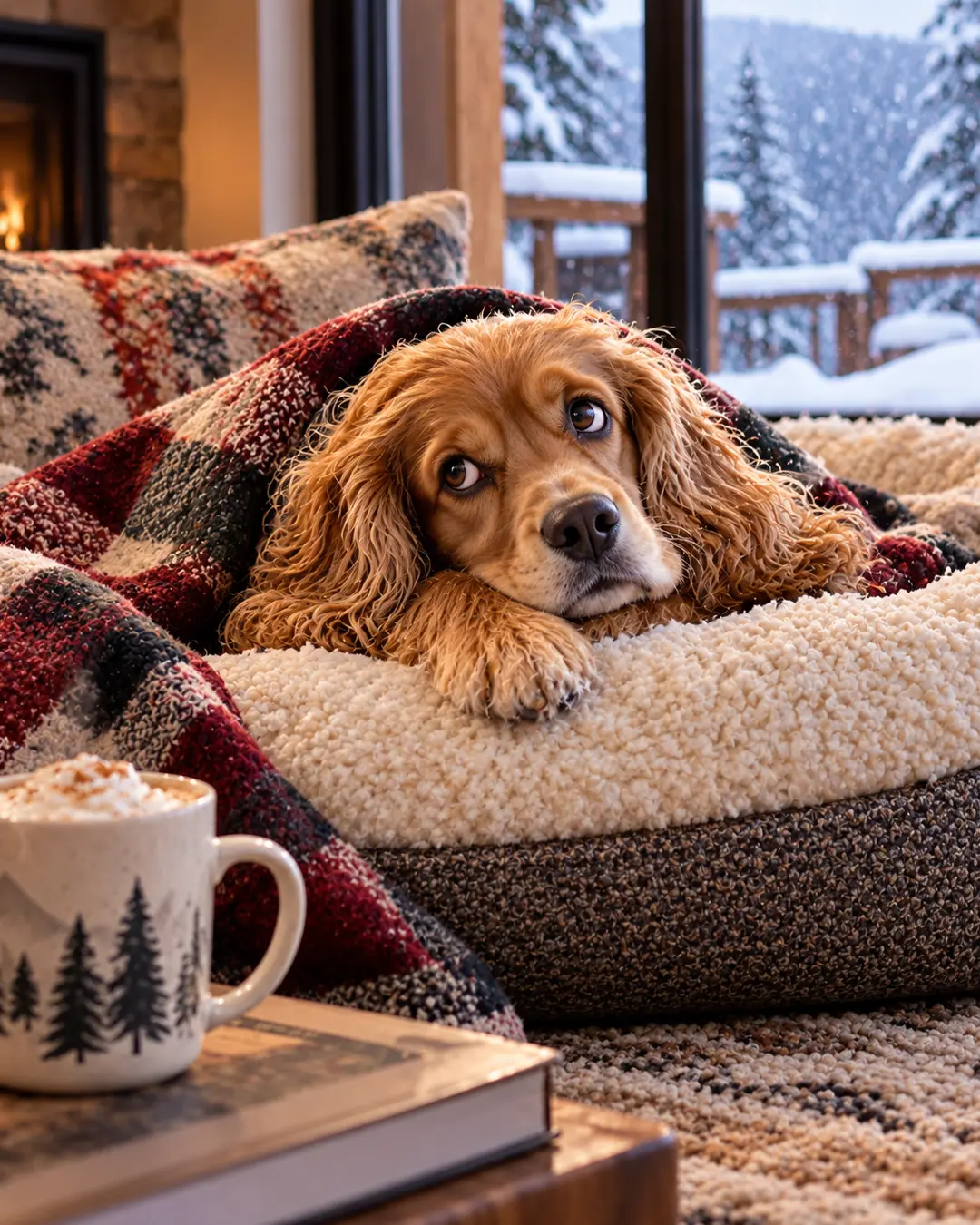 A cozy Cocker Spaniel snuggles beneath a plaid blanket beside a warm fireplace, watching the snowfall outside from the comfort of a mountain chalet.