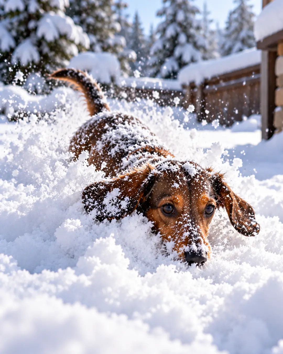 A playful Dachshund dives headfirst through deep snow, ears flying and powder spraying everywhere, determined to conquer a winter wonderland.